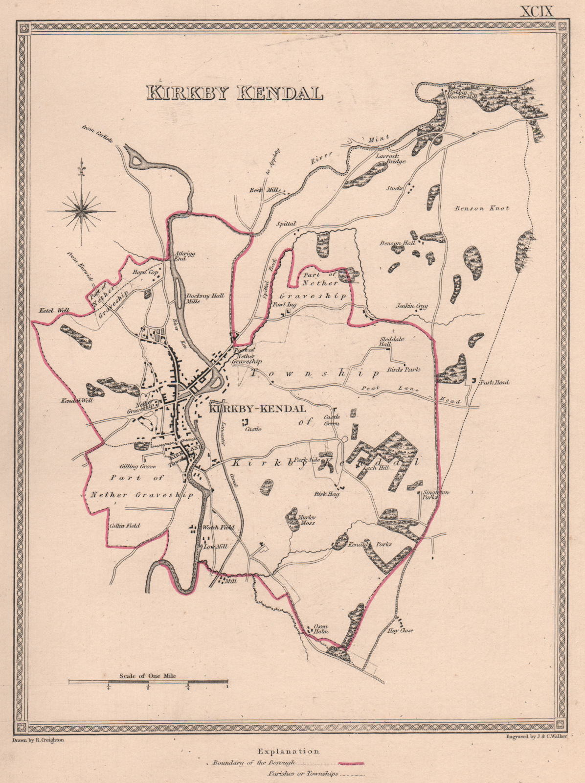 KIRKBY KENDAL town & borough plan. Cumbria. CREIGHTON/WALKER 1835 old map